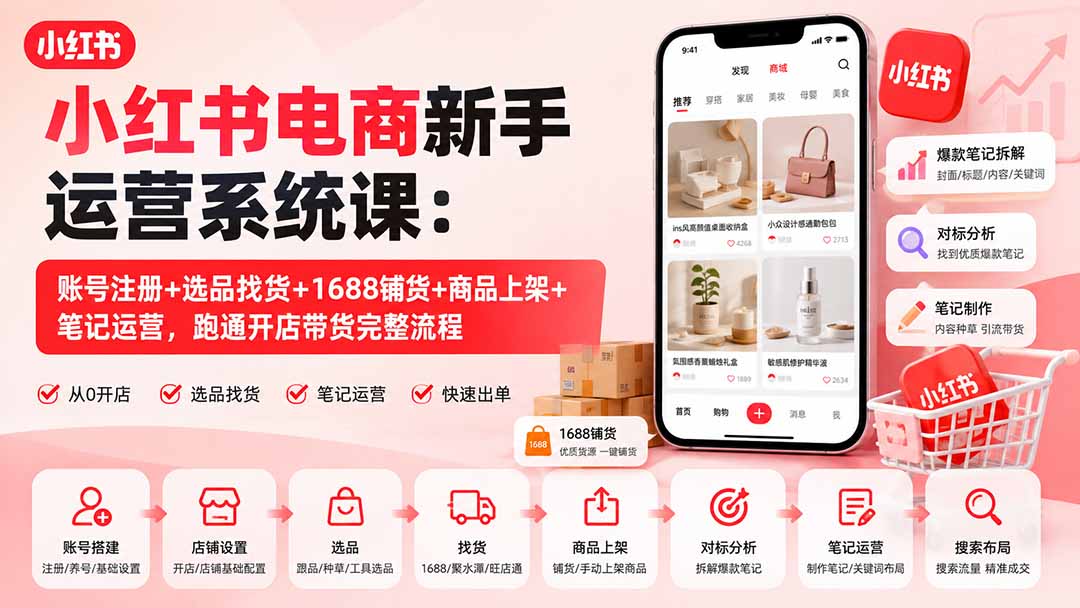 （20319期）小红书电商新手运营系统课：账号注册+选品找货+1688铺货+商品上架+笔记运营，跑通开店带货完整流程