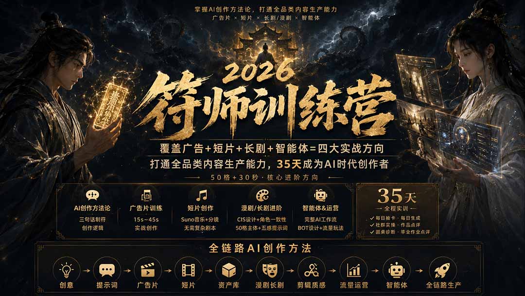 （20180期）符师训练营-35天成为AI时代创作者，广告+短片+漫剧+智能体四大实战方向，掌握从创意到上线的完整工作流