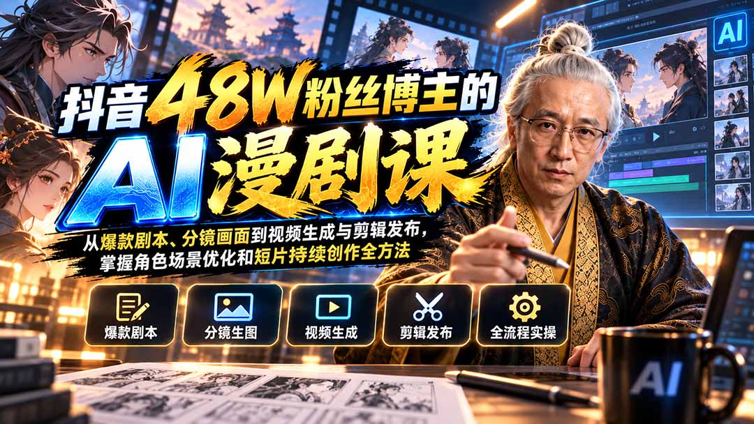 （20353期）抖音48W粉丝博主的AI漫剧课：从爆款剧本、分镜画面到视频生成与剪辑发布，掌握角色场景优化和短片持续创作全方法