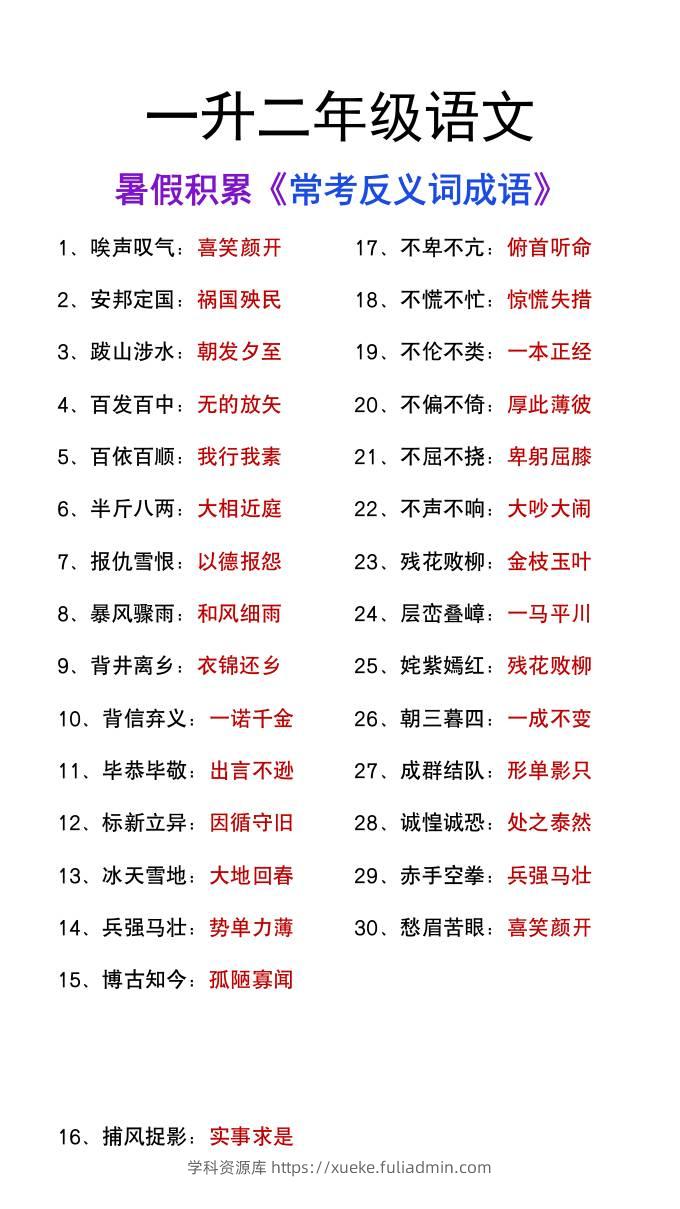 一升二年级语文上册暑假知识积累《反义词成语大全》-学科资源库