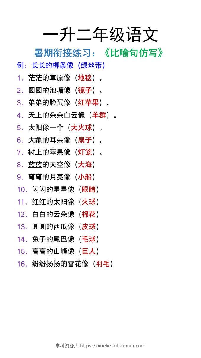 一升二年级语文上册暑假衔接练习《比喻句仿写》-学科资源库