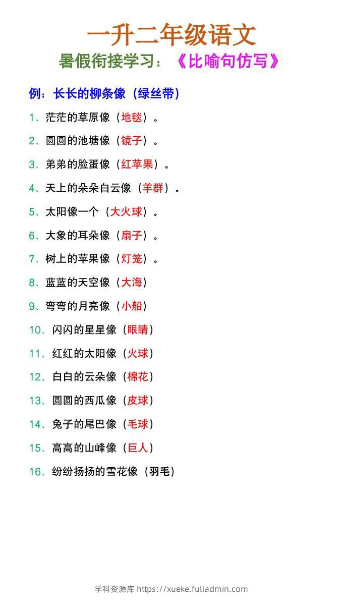二年级上册语文《比喻句仿写》暑假衔接练习-学科资源库