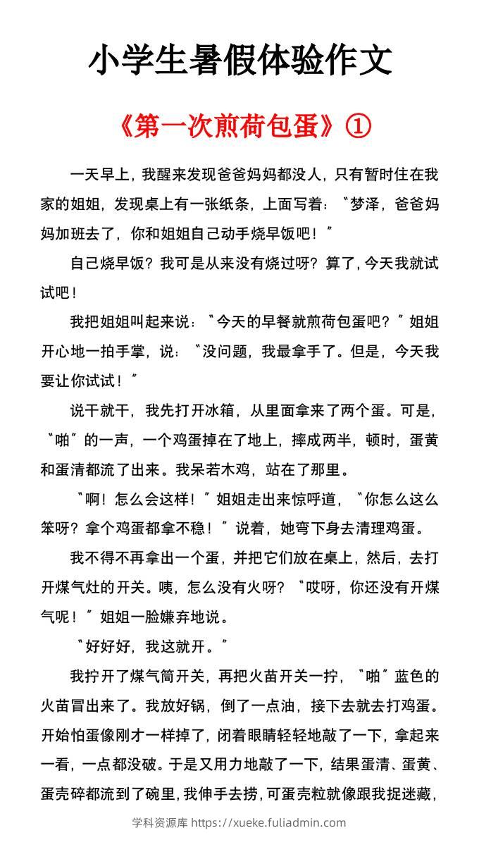 小学生暑假体验作文《第一次煎荷包蛋》-小升初语文-学科资源库