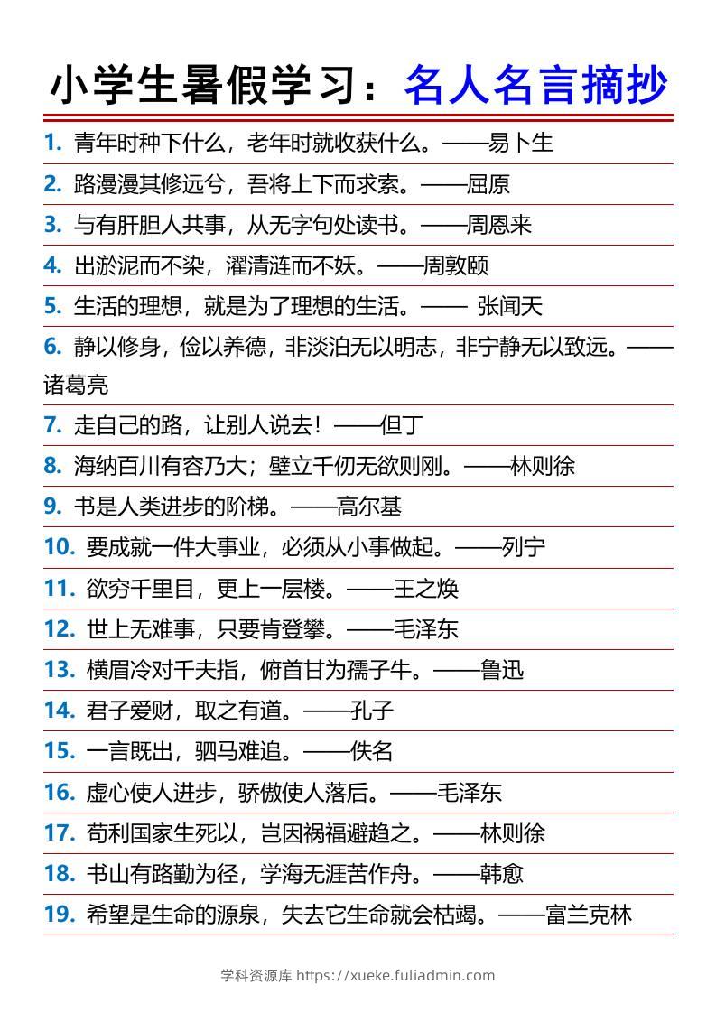 小学生暑假学习：名人名言摘抄-小升初语文-学科资源库