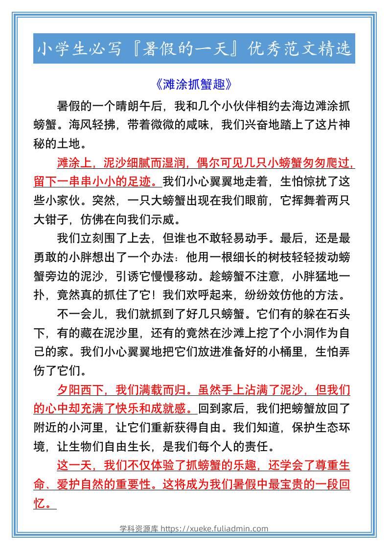 小学生必写『暑假的一天』优秀范文精选-小升初语文-学科资源库
