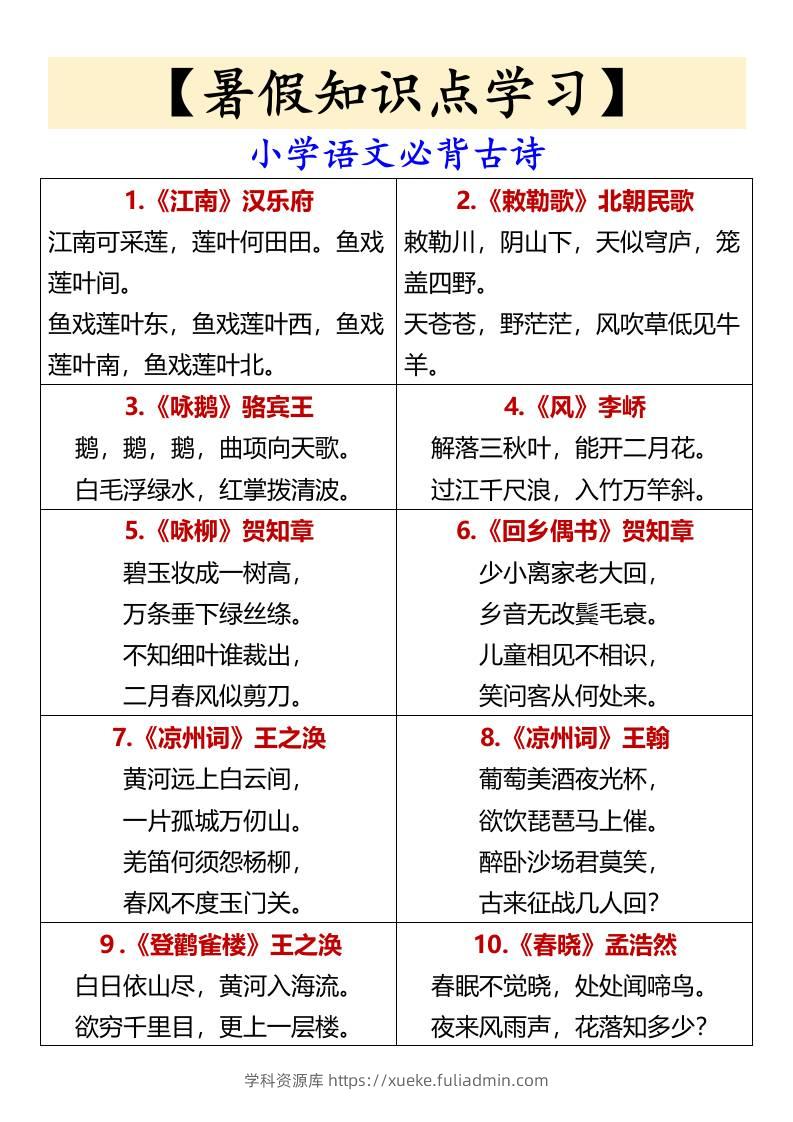 【暑假知识点学习】小学语文必背古诗-小升初语文-学科资源库