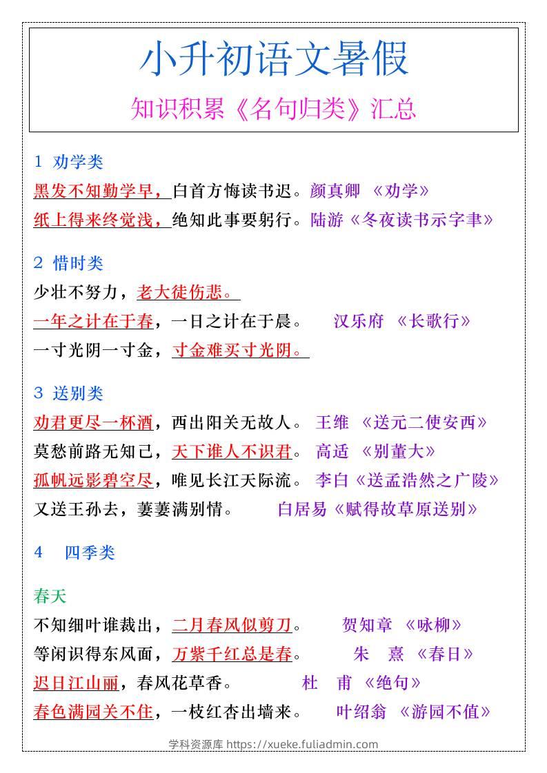 小升初语文暑假必背知识积累《名句归类》汇总-小升初语文-学科资源库