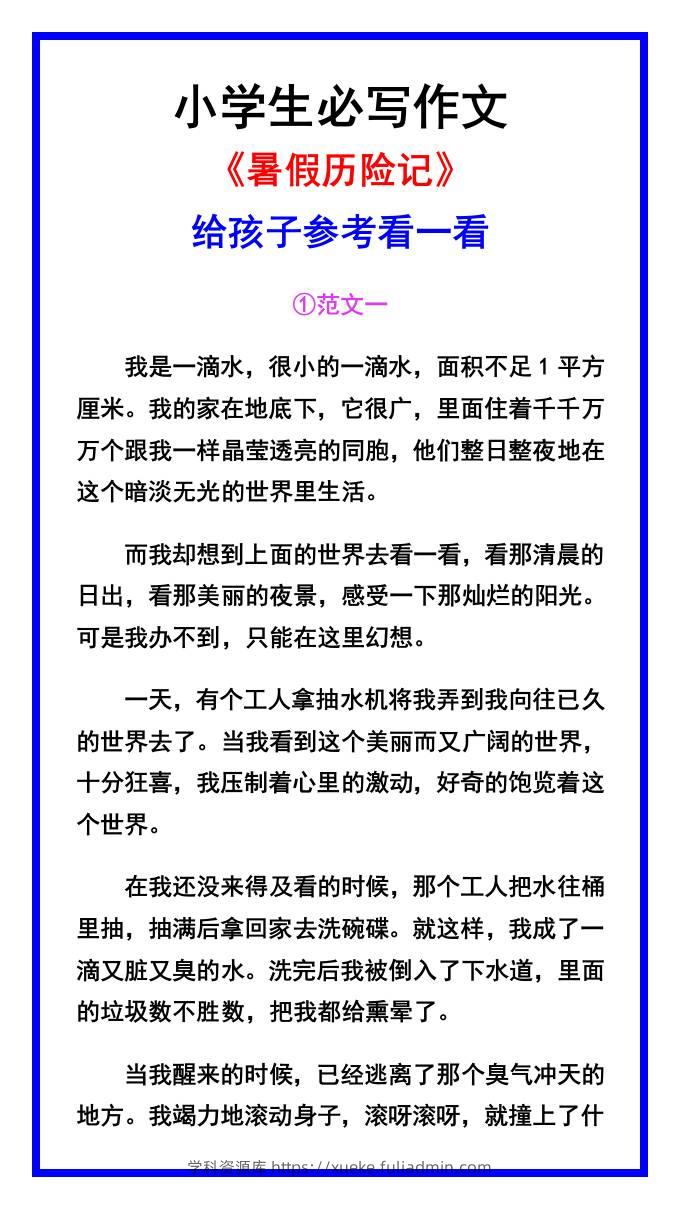 小学生必写作文《暑假历险记》范文素材-小升初语文-学科资源库