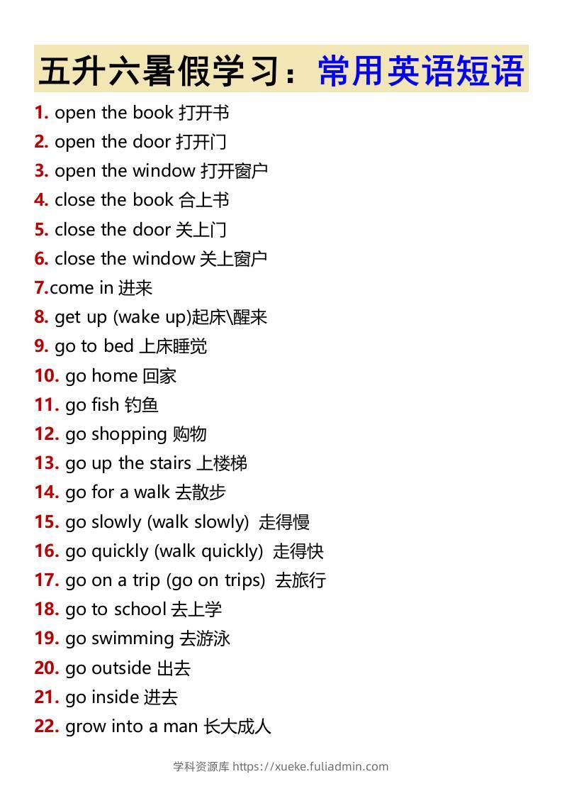 五升六暑假学习：常用英语短语-六上英语-学科资源库