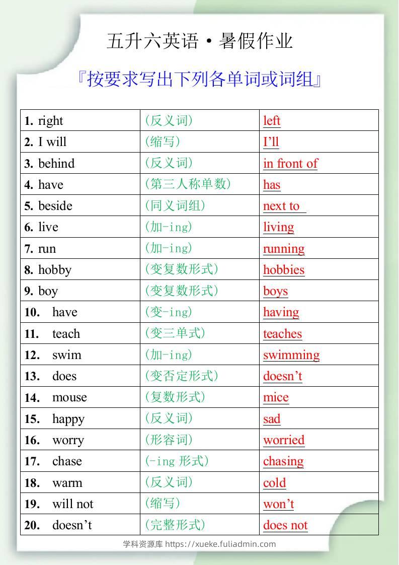 五升六英语暑假作业之按要求写出下列各单词或词组-六上英语-学科资源库