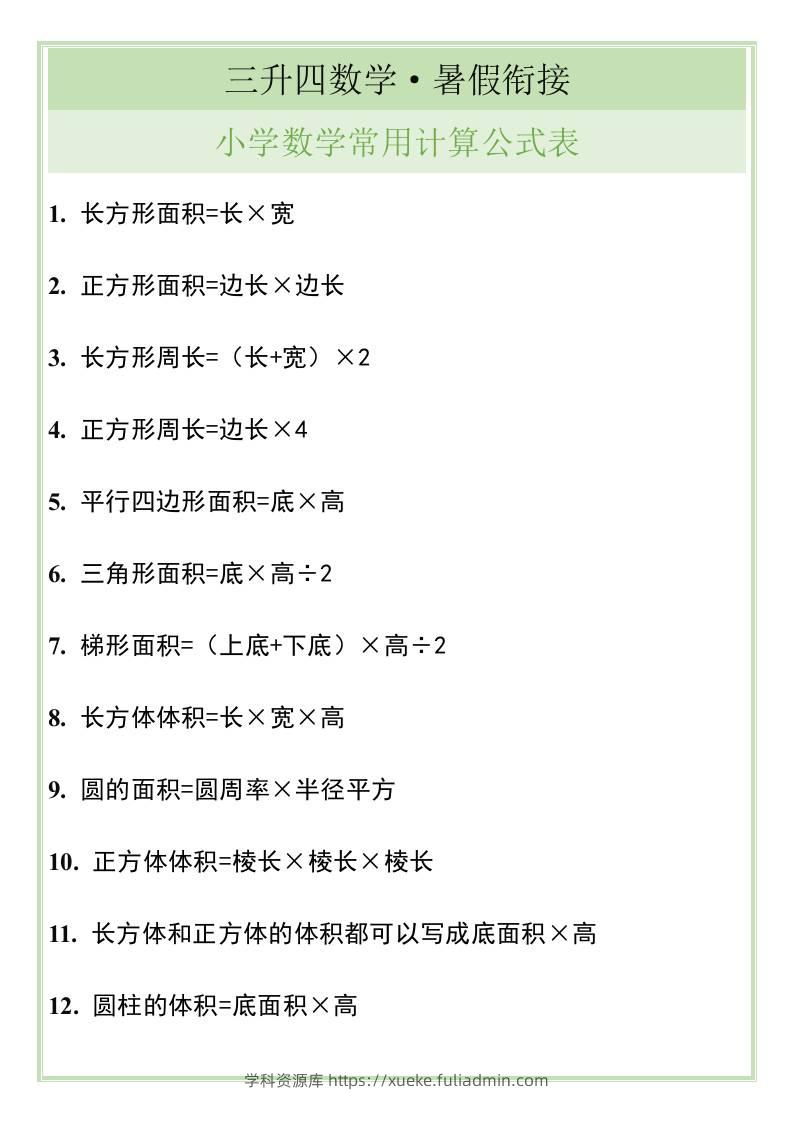 三升四暑假衔接，小学数学常用计算公式表-四上数学-学科资源库