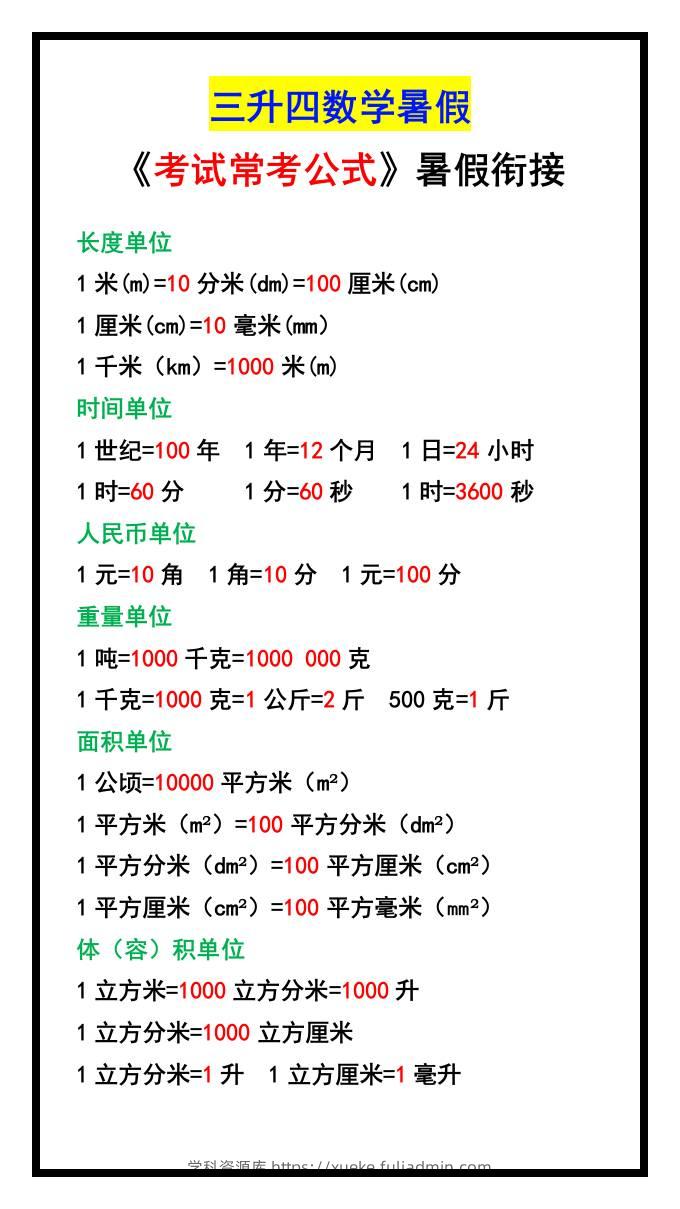 三升四数学暑假《考试常考公式》大汇总-四上数学-学科资源库