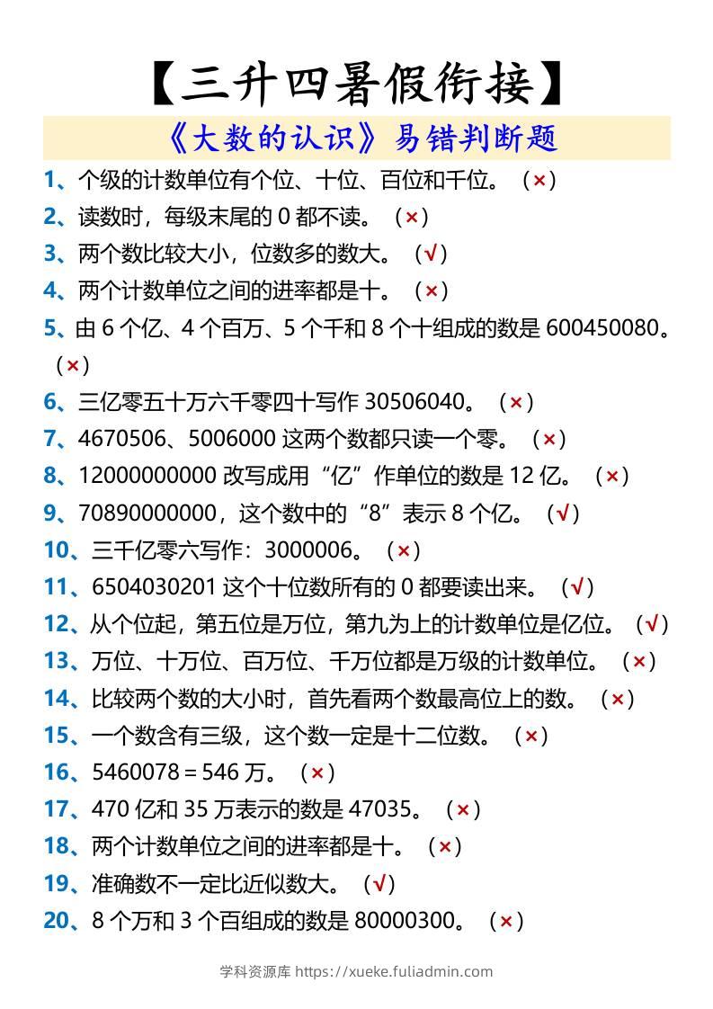 【三升四暑假衔接】《大数的认识》易错判断题-四上数学-学科资源库