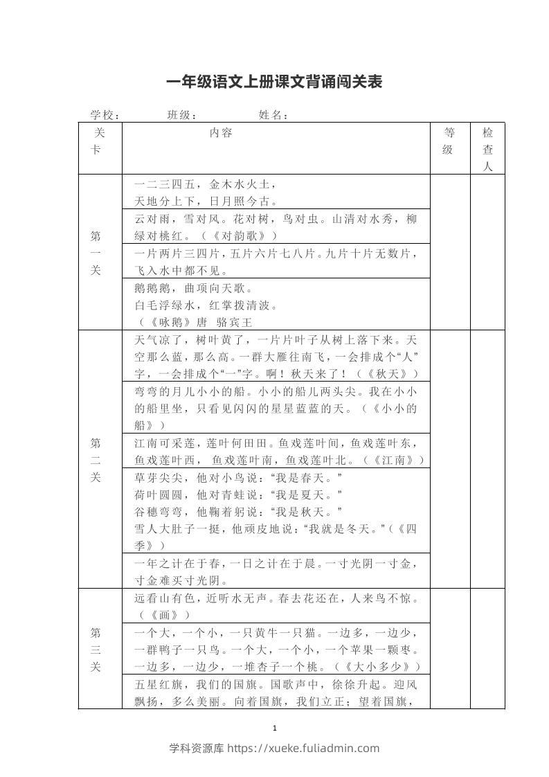 一年级上册语文背诵课文内容及闯关表-学科资源库