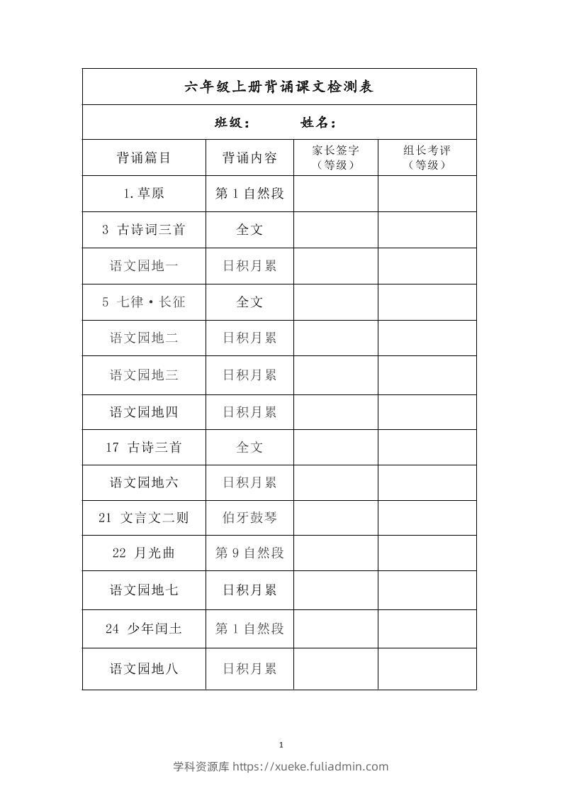 六年级上册背诵课文检测表及内容-语文-学科资源库