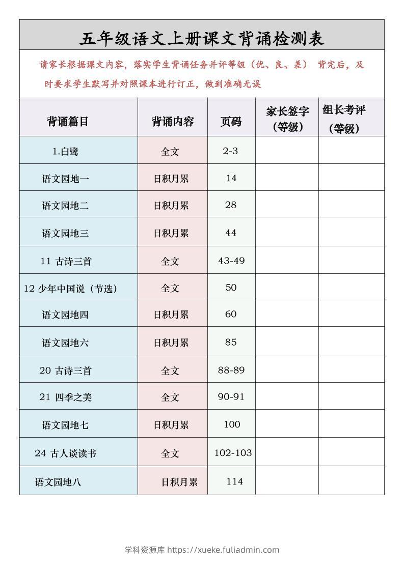 五年级语文上册课文背诵检测表-学科资源库