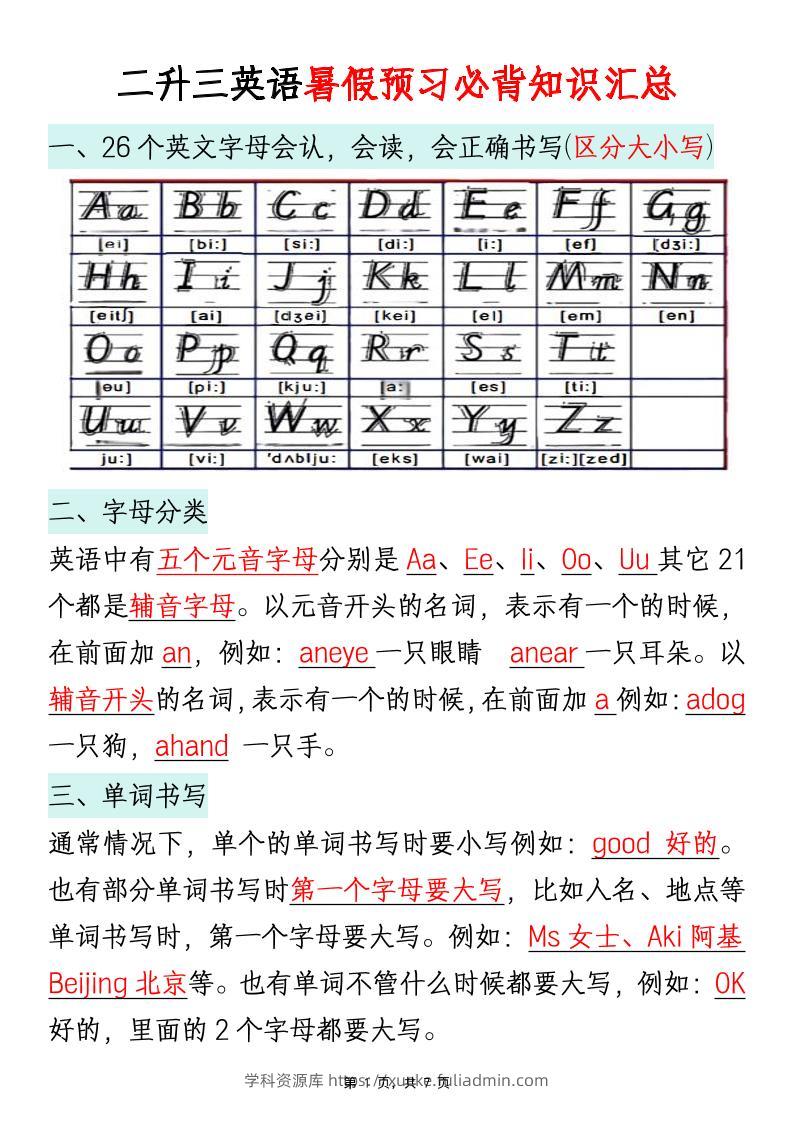 二升三英语暑假预习必背知识汇总通用版7页三上-学科资源库