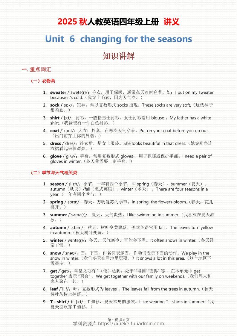 2025秋人教英语四上讲义Unit06-学科资源库