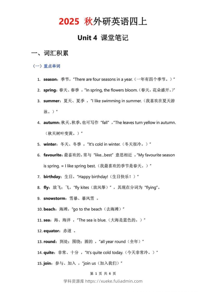 2025秋外研英语四上课堂笔记Unit_4-学科资源库