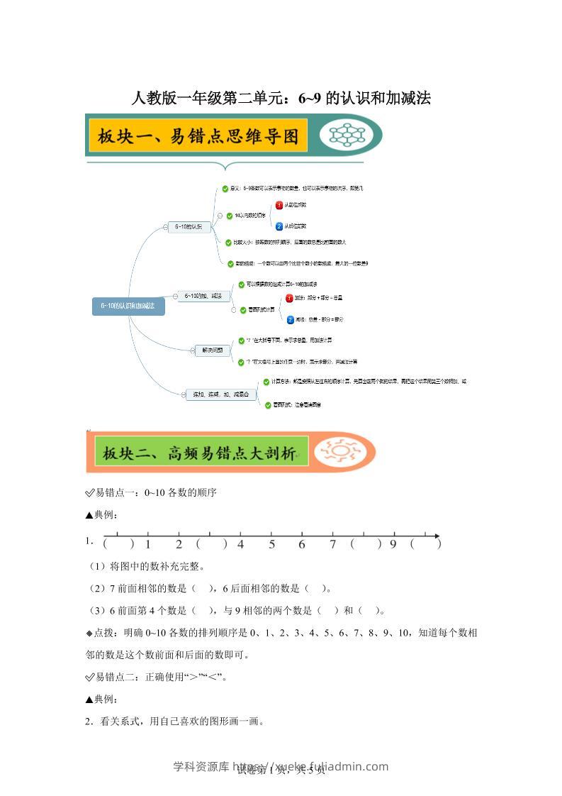 人教版数学一年级上册第二单元《6~9的认识和加减法》易错点大全-学科资源库