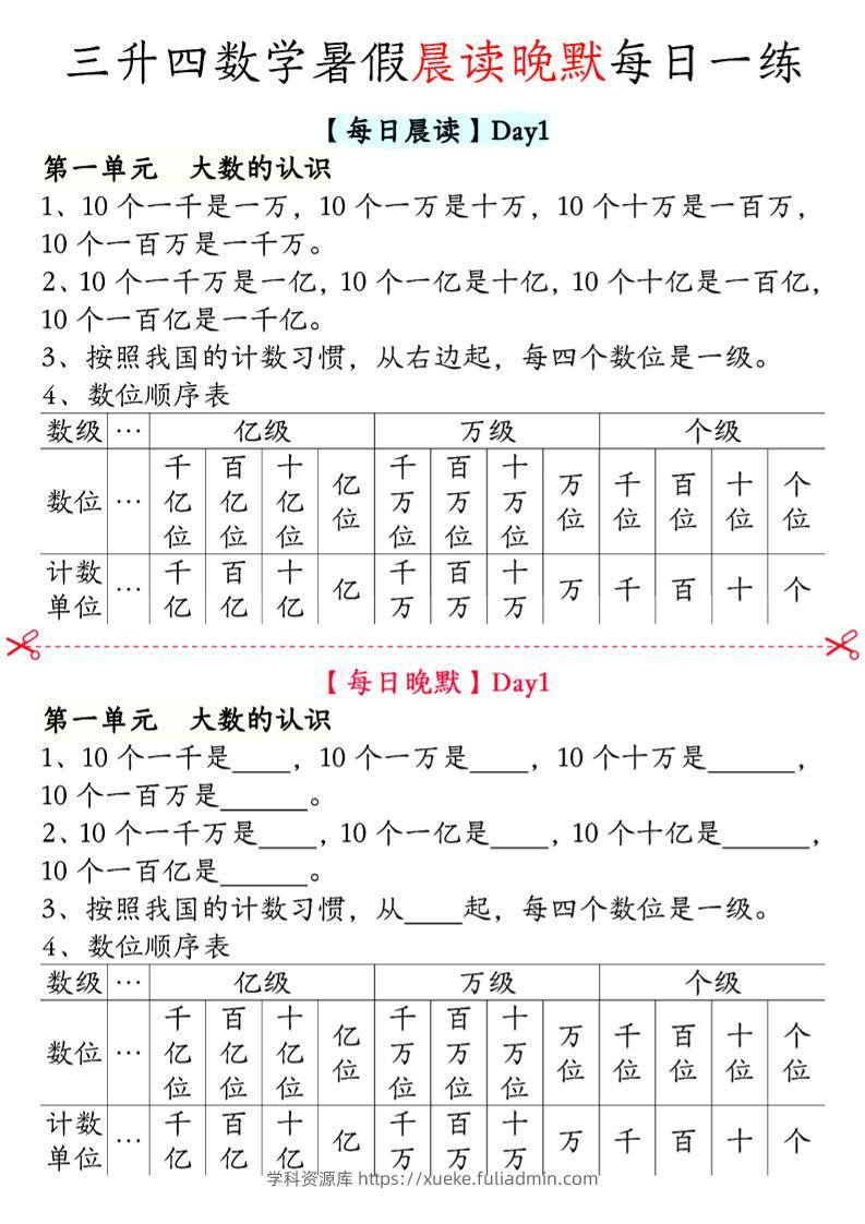 三升四数学暑假【晨读晚默】四上-学科资源库