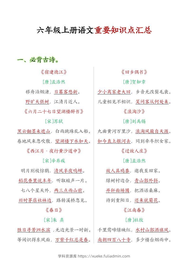 六年级语文上册全册重点知识点汇总-学科资源库