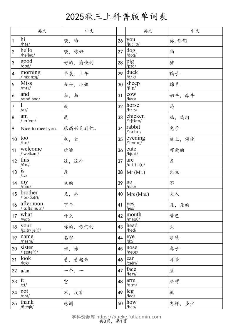 2025秋三上英语科普版单词表-学科资源库