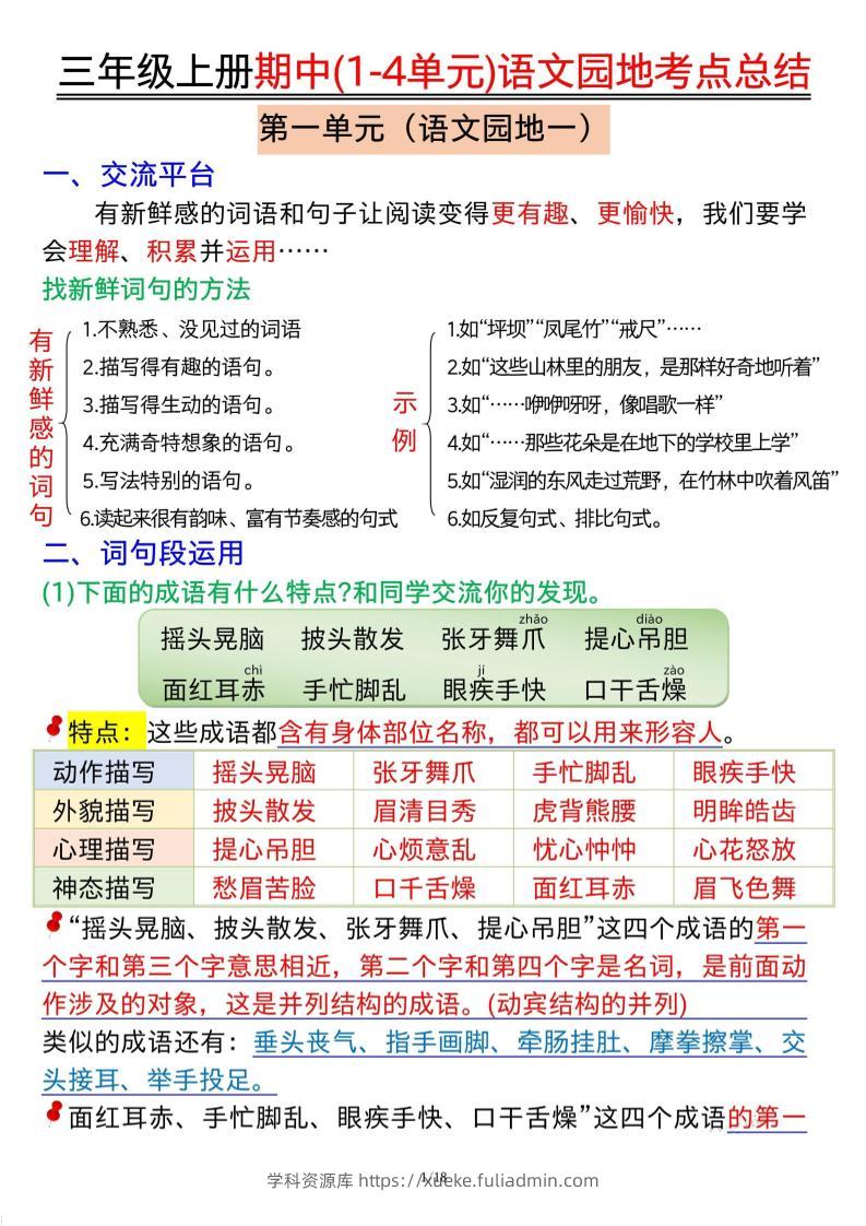 三年级上册期中(1-4单元)语文园地考点总结纯图版-学科资源库