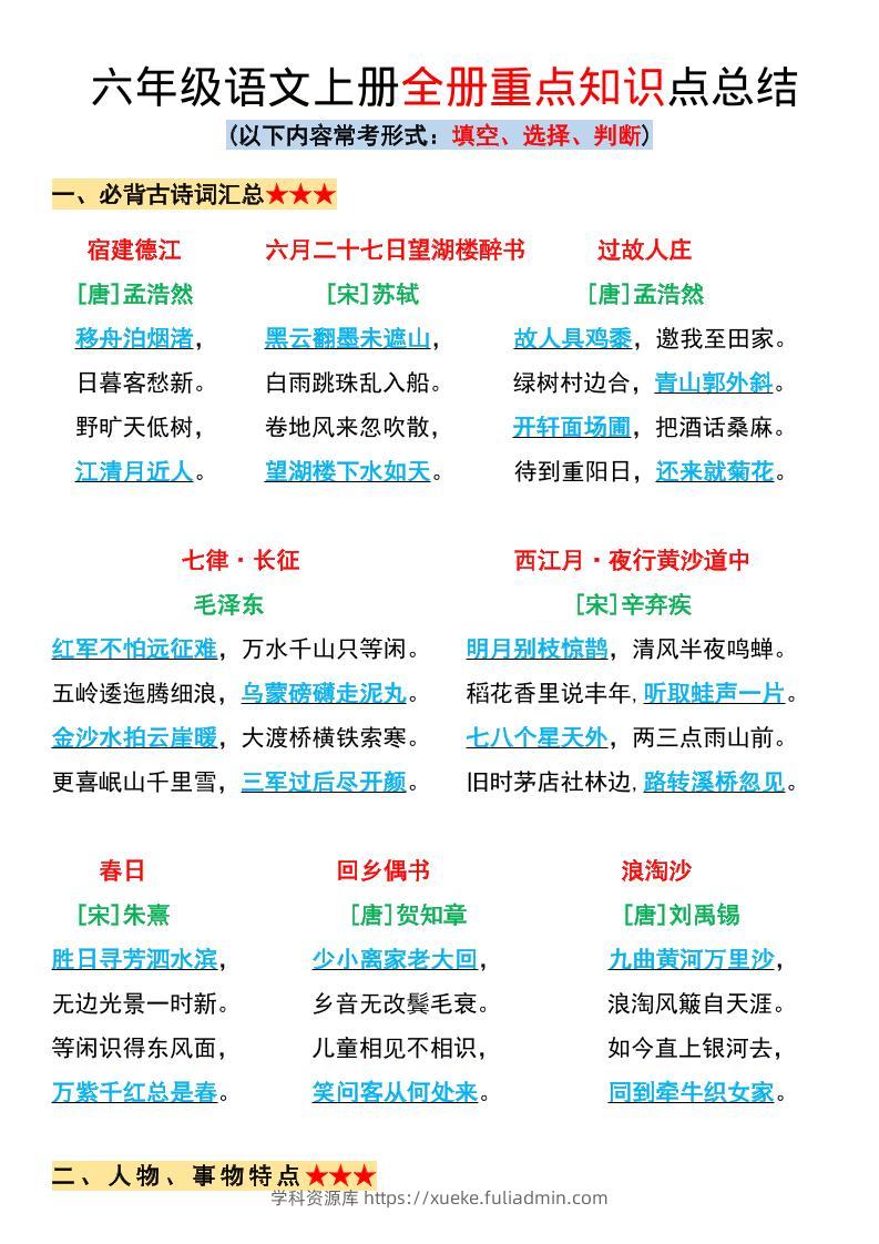 六年级上册语文全册重点知识点总结-学科资源库