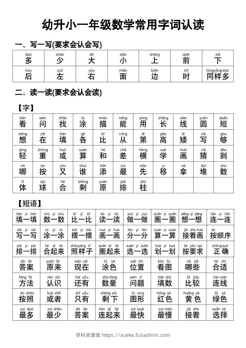 幼小衔接数学常用字词认读-学科资源库