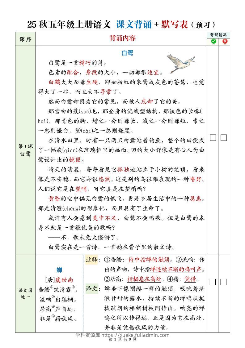 25年五年级上册语文全册必背内容-学科资源库