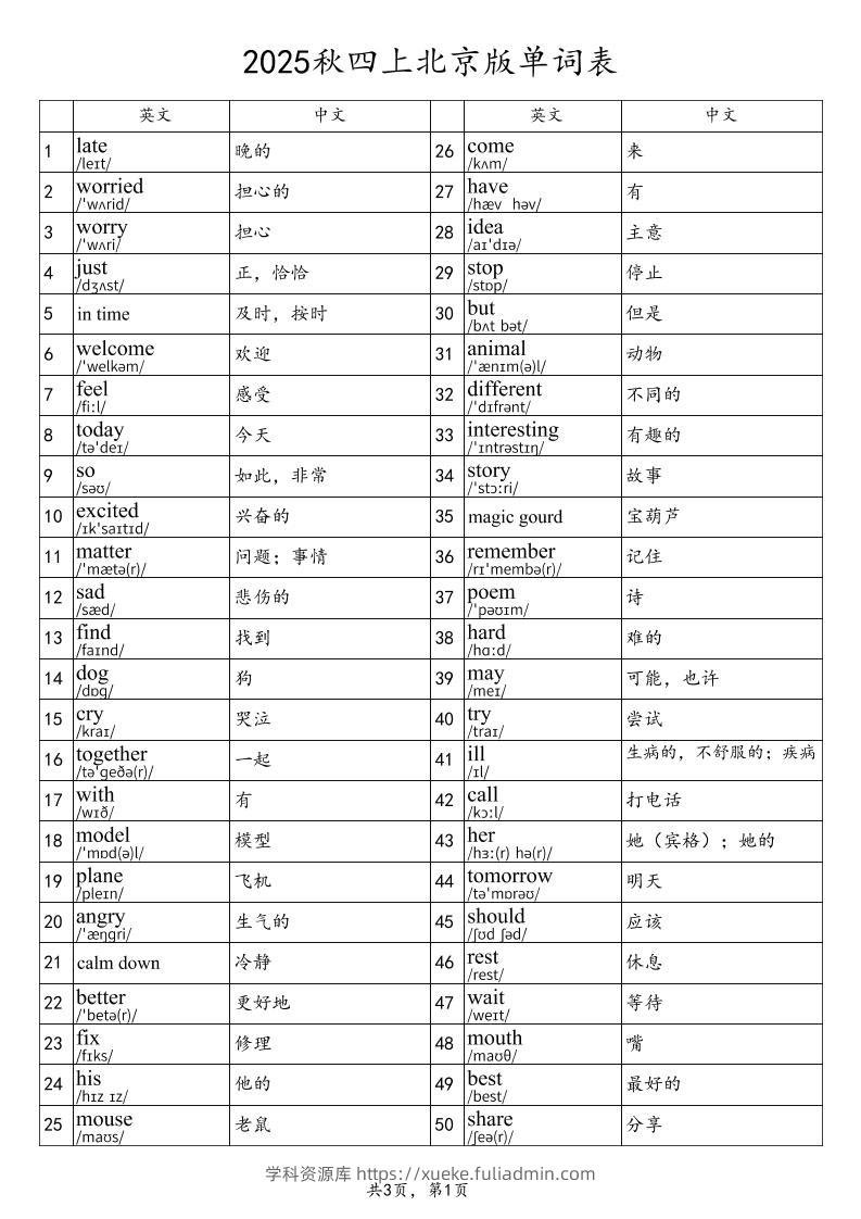 2025秋四上英语北京版单词表-学科资源库