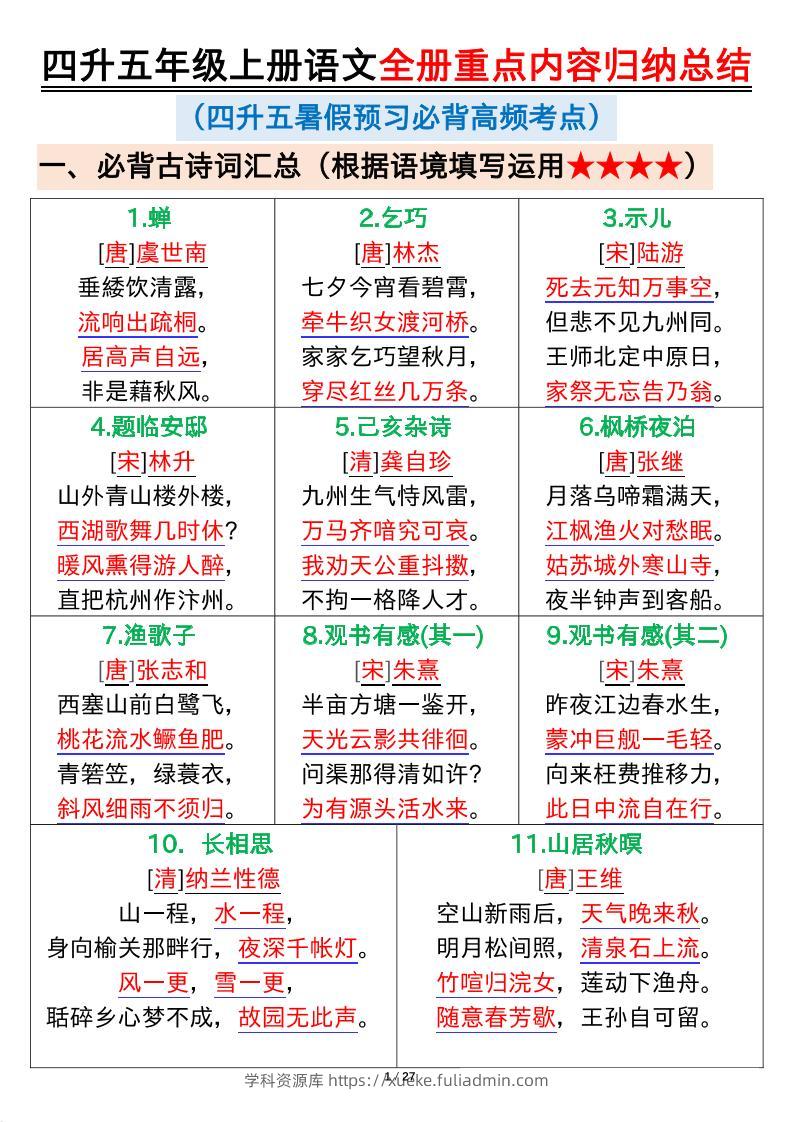 四升五年级上册语文全册重点内容归纳总结输出27页-五上语文-学科资源库