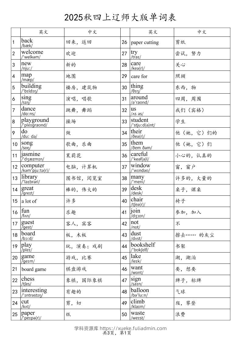 2025秋四上英语辽师大版单词表-学科资源库