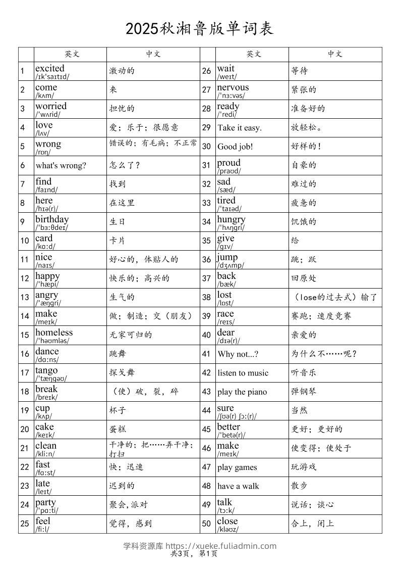 2025秋四上英语湘鲁版单词表-学科资源库
