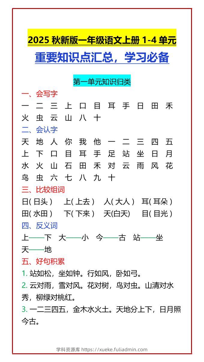 【2025秋新版】一年级语文上册1-4单元重要知识点汇总，学习必备-学科资源库