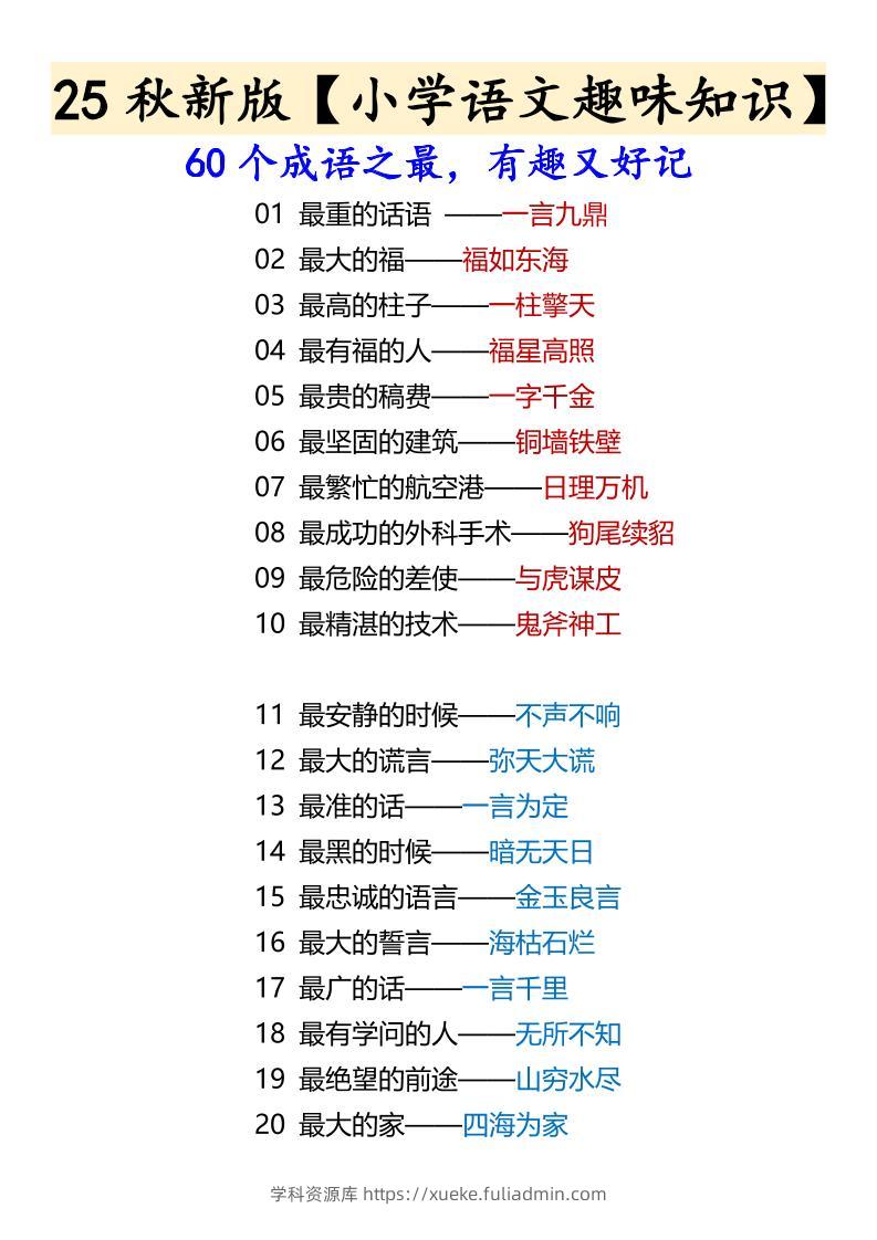 【2025秋新版】【小学语文趣味知识】60个成语之最，有趣又好记-六上语文-学科资源库