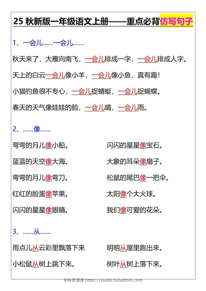 【2025秋新版】一年级语文上册——重点必背仿写句子-学科资源库