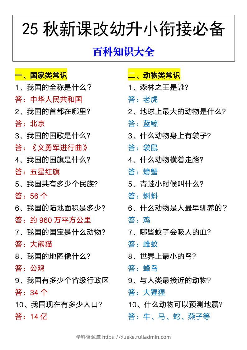 【2025秋新版】幼升小衔接必备百科知识大全-学科资源库