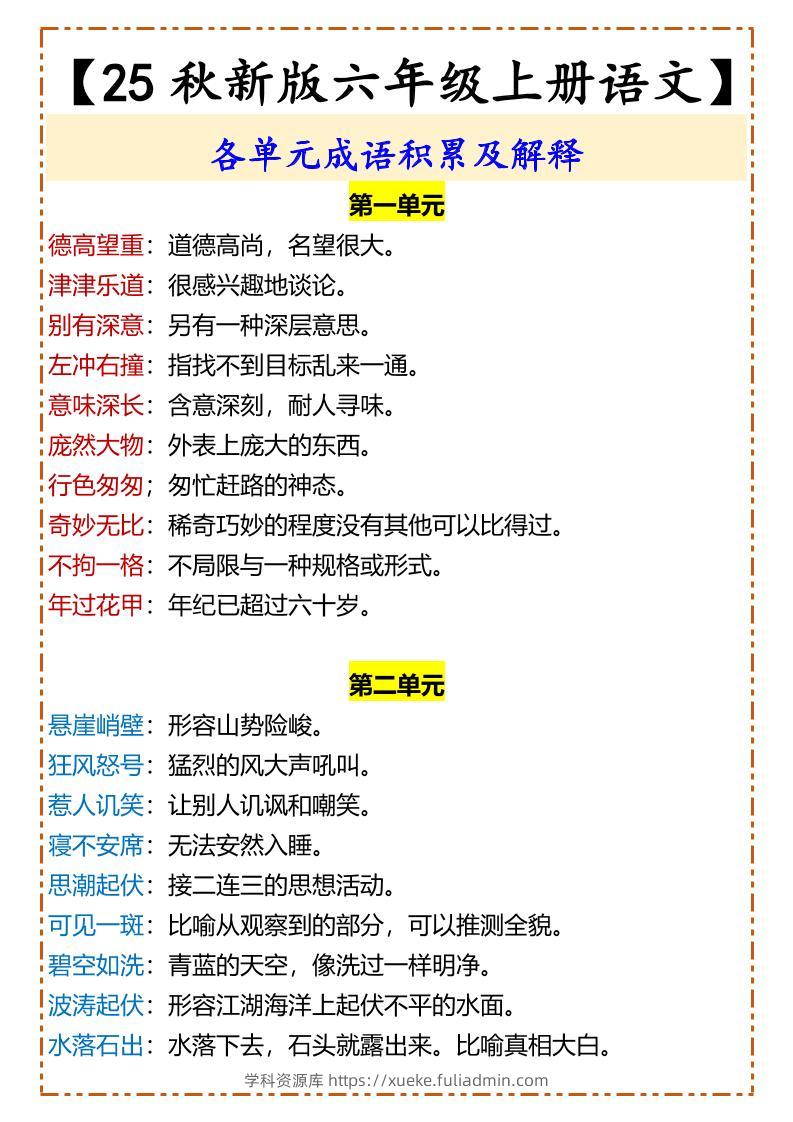 【2025秋新版】【六年级上册语文】各单元成语积累及解释-学科资源库