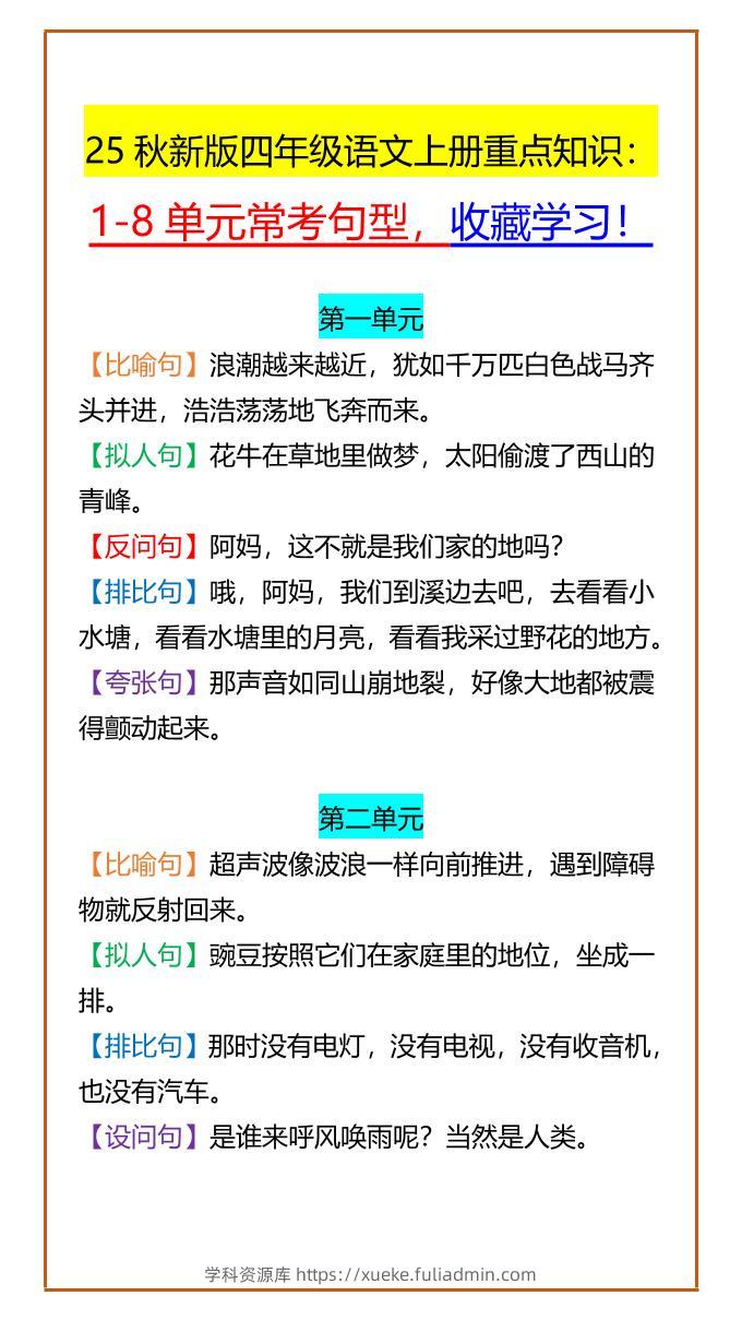 【2025秋新版】四年级语文上册重点知识：1-8单元常考句型，收藏学习！-学科资源库