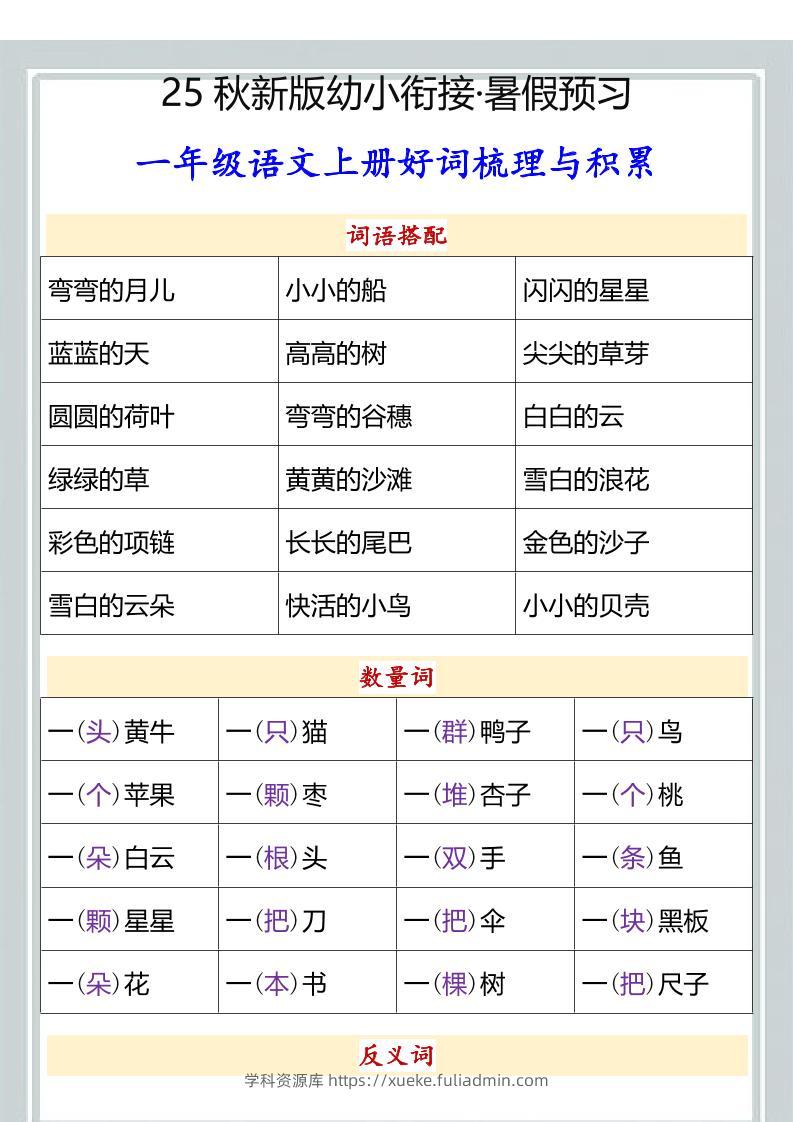 【2025秋新版】幼小衔接一年级语文上册好词梳理与积累-学科资源库