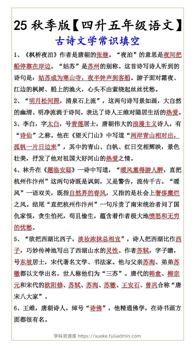 【2025秋新版】【四升五年级语文】古诗文学常识填空-五上语文-学科资源库