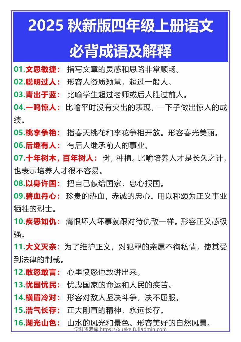 【2025秋新版】四年级上册语文必背成语及解释-学科资源库