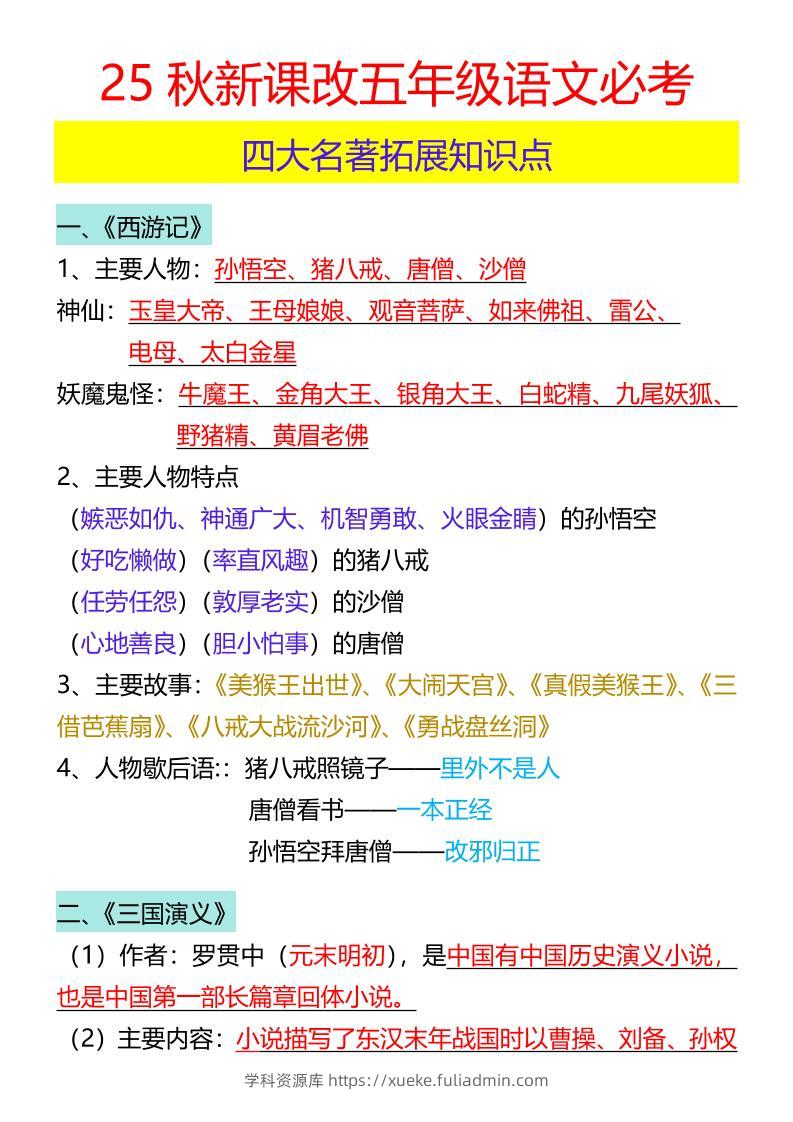【2025秋新版】五年级语文必考四大名著拓展知识点-五上语文-学科资源库
