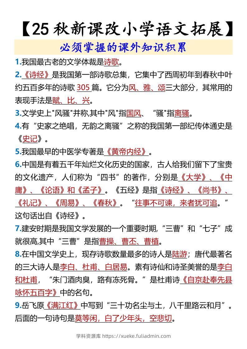 【2025秋新版】【小学语文拓展】必须掌握的课外知识积累-六上语文-学科资源库