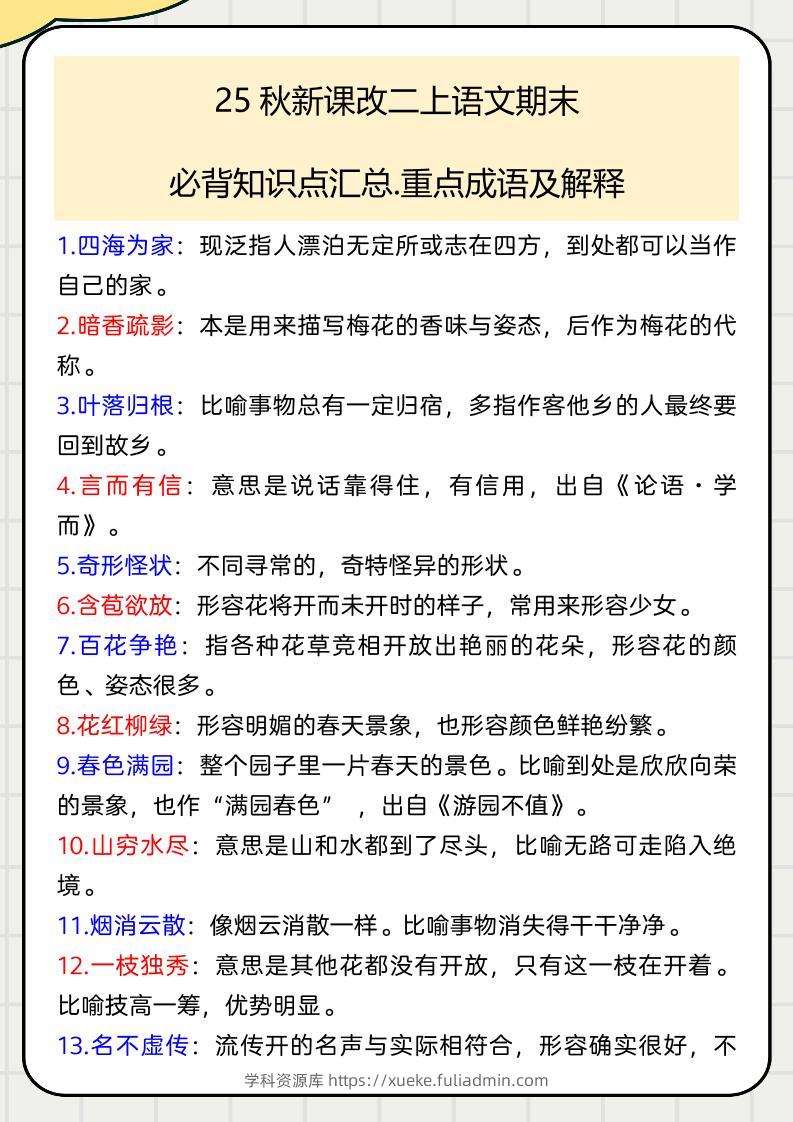 【2025秋新版】二上语文期末必背知识点汇总.重点成语及解释-学科资源库