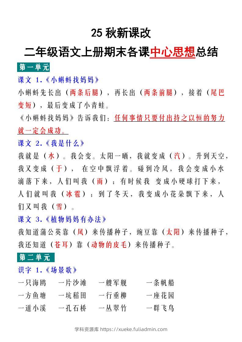 【2025秋新版】二年级语文上册期末各课中心思想总结-学科资源库