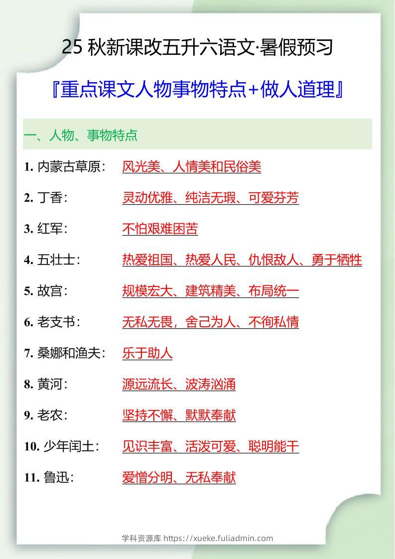 【2025秋新版】五升六重点课文人物事物特点+做人道理-六上语文-学科资源库
