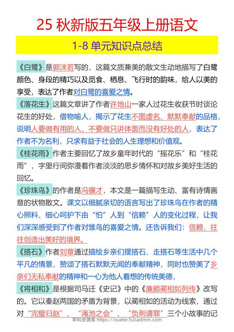 【2025秋新版】五年级上册语文1-8单元知识点总结-学科资源库